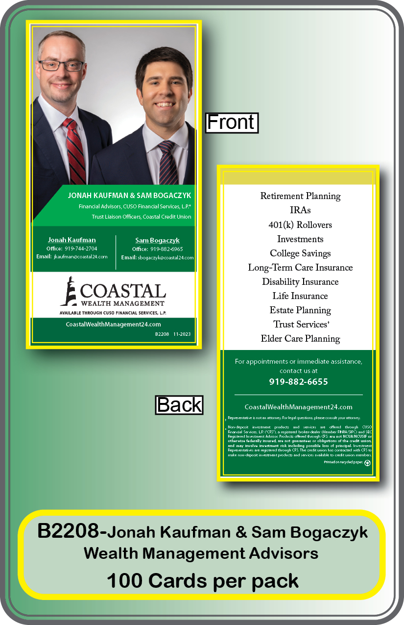 WEALTH MANAGEMENT- JONAH KAUFMAN & SAM BOGACZYK  **<b>Order By: pack of 100 cards</b>